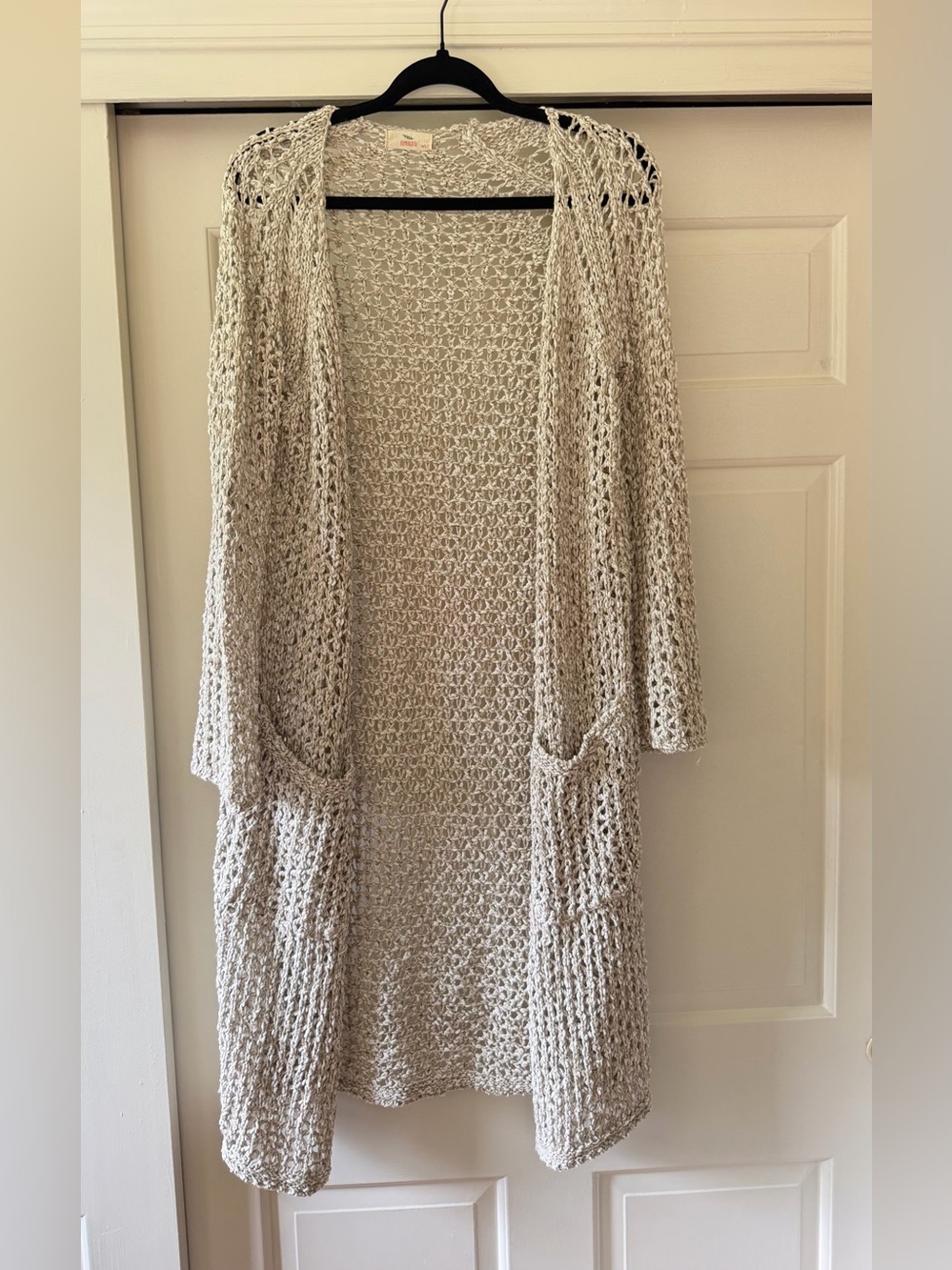 Hummingbird Long Open Knit Duster Cardigan Cream Taupe M/L Pockets Boho